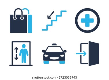 Conjunto de iconos de servicio de Transporte y accesibilidad. Iconos de la serie de glifos sólidos