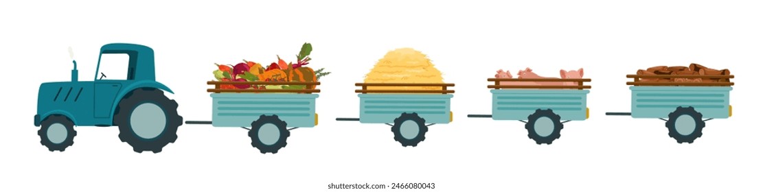 Transportation of agricultural products. Tractor and trailer with vegetables, hay, pigs, firewood. Vector illustration.