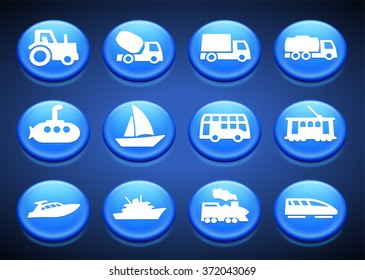 Transportation and Air Travel on Blue Round Buttons