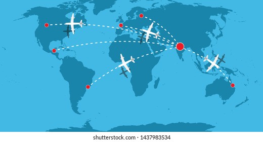 Transportation air vector concept illustration background. Aircraft fly business cargo delivery. Jet truck technology banner logistic aviation. Map worldwide express
