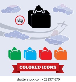 Transportation airport baggage icon.  Hand luggage 8kg for traveling. Colored icons on background with plane and clouds. Vector isolated