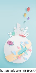 Transportation around the world with city paper art style vector illustration