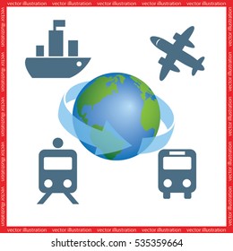 Transportation around the world, vector illustration eps10. Icons: plane, train, bus, globe.