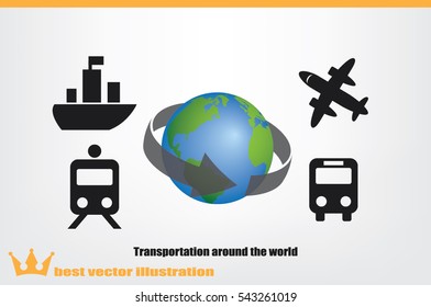 Transportation around the world, vector illustration eps10. Icons: plane, train, bus, globe.