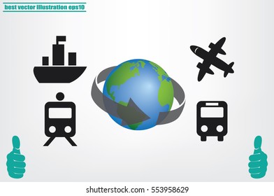Transportation around the world, vector illustration eps10. Icons: plane, train, bus, globe.