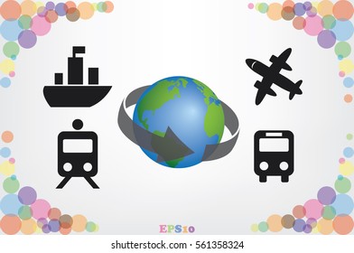 Transportation around the world, vector illustration eps10. Icons: plane, train, bus, globe.