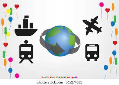 Transportation around the world, vector illustration eps10. Icons: plane, train, bus, globe.