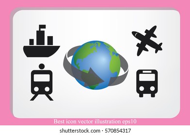 Transportation around the world, vector illustration eps10. Icons: plane, train, bus, globe. 