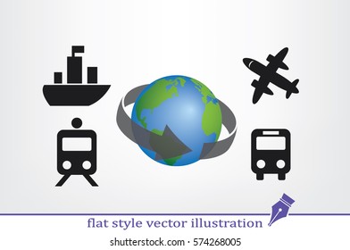 Transportation around the world, vector illustration eps10. Icons: plane, train, bus, globe.