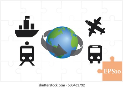 Transportation around the world, vector illustration eps10. Icons: plane, train, bus, globe.