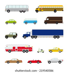 Transportation and Automotive Symbol Vector Set. Collection of thirteen motor vehicle icons, flat design