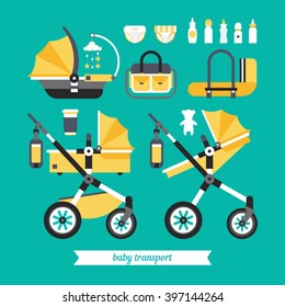 Transportation baby stuff. Vector baby transport set. Baby stroller transformer. Vector baby stroller set.  Newborn stuff for walking. Things you need to transport the child and walks with a newborn. 