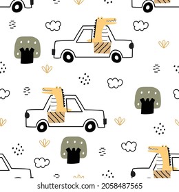 Transportation background for children. Seamless pattern cartoon crocodile on the car Hand drawn design in children's style. Use for prints, wallpapers, clothing, textiles, vector illustrations.