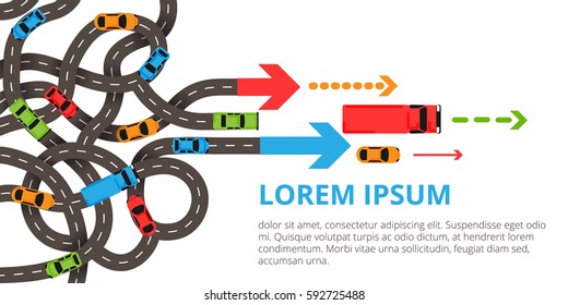 Transportation banner with a lot of cars, trucks, twisted roads, arrows. Vector illustration with a lot of winding roads in modern flat style.