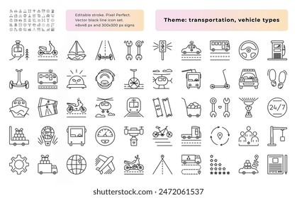 Transportation black line icon set, 50 vehicle types vector pictograms, 48x48 px and 300x300 px signs, editable stroke, pixel perfect