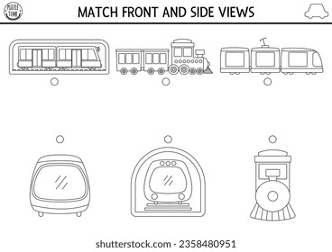 Transportation black and white matching activity with cute side and front view of train, metro, engine. Railway transport puzzle. Match objects game. Match up coloring page with vehicle
