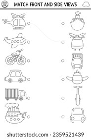 Transportation black and white matching activity with cute side and front view of helicopter, plane, car, truck, ship. City transport puzzle. Match objects game. Match up coloring page with vehicle
