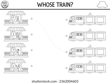 Transportation black and white matching activity with cute train, passengers, station and time. Line city transport puzzle. Match up coloring page, printable worksheet with vehicles
