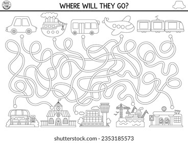 Transportation black and white maze for kids with air, water, land transport. Line preschool printable activity. Labyrinth game, coloring page with car, train, train, plane. Help bus get to last stop
