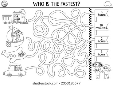 Transportation black and white maze for kids with car, train, boat, plane. Line transport competition preschool printable activity. Labyrinth game or coloring page. Who is the fastest
