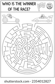 Transportation black and white maze for kids with racing cars on track. Line sport transport preschool printable activity. Round geometric labyrinth game, puzzle. Who is winner of race
