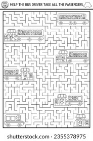 Transportation black and white maze for kids with school bus and pupils. Line transport preschool printable activity, coloring page. Back to school labyrinth game. Help driver take passenger
