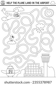 Transportation black and white maze for kids with city landscape, airplane. Line transport preschool printable activity. Labyrinth game or coloring page with pilot. Help plane land in airport
