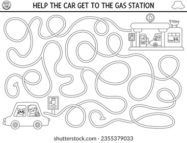 Transportation black and white maze for kids with auto, driver. Line transport printable activity or coloring page. Labyrinth game, puzzle with filling service, cafe. Help car get to gas station
