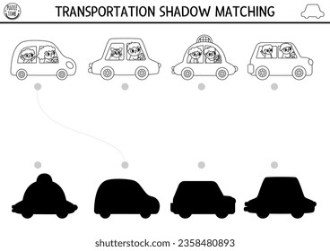 Transportation black and white shadow matching activity. Transport line puzzle with cute cars, taxi, drivers. Find correct silhouette printable worksheet, game. Funny coloring page for kids
