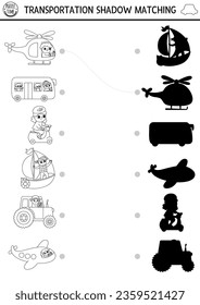 Transportation black and white shadow matching activity. Transport line puzzle with cute helicopter, bus, scooter, plane. Find correct silhouette printable worksheet. Funny coloring page for kids
