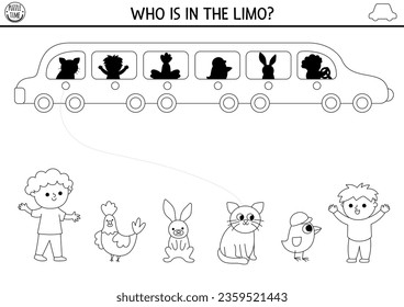 Transportation black and white shadow matching activity. Transport line puzzle with limousine car, passengers. Find correct silhouette printable worksheet. Funny coloring page for kids
