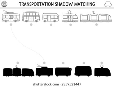 Actividad de coincidencia de sombras en blanco y negro de transporte. Rompecabezas de la línea de transporte público con lindo bus, tranvía, tren. Buscar una hoja de cálculo imprimible de silueta correcta. Página divertida de colores para los niños
