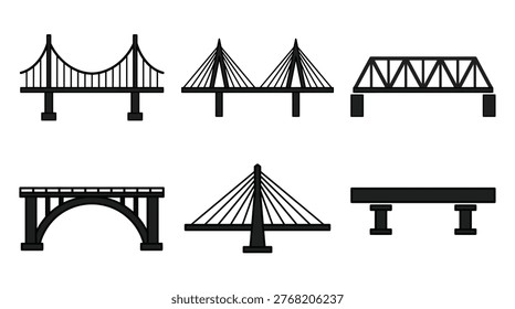 Transportation bridge infrastructure collection in a bold graphic style, featuring suspension, arch, girder, and cable systems