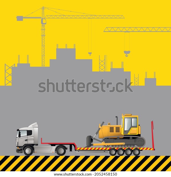Transportation of a bulldozer on a low\
loader. Construction machinery on the background of a building\
under construction. Flat vector\
illustration.