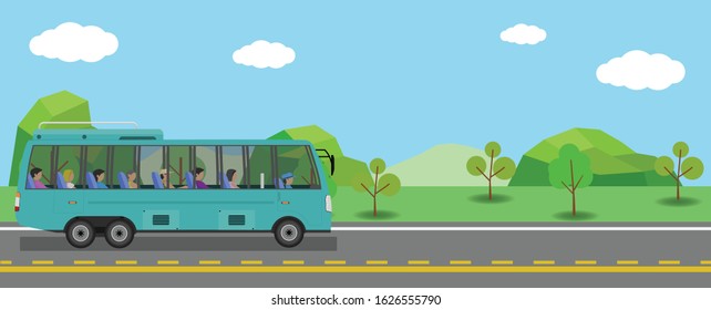 Transportation of bus takes passengers on the roads in areas far from the city. With a beautiful natural environment.