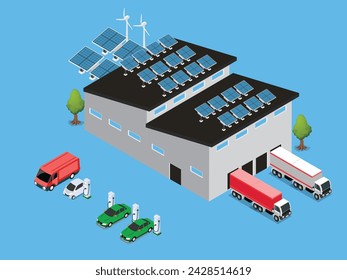 Transportation business recharging fleet with renewable solar wind electricity energy 3d isometric vector illustration
