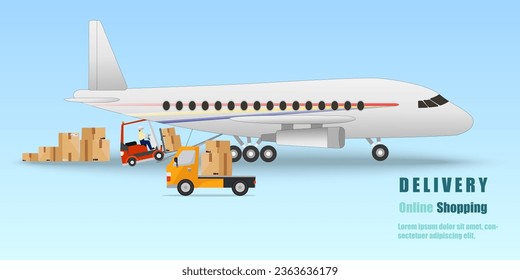 Transportation by plane, cutting-edge transportation technology,  cargo loading onto airplanes, cargo handling with forklifts and smooth ground transportation by trucks,Vector Illustration.