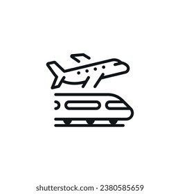 Transportation. By plane and train linear icon. Thin line customizable illustration. Contour symbol. Vector isolated outline drawing. Editable stroke