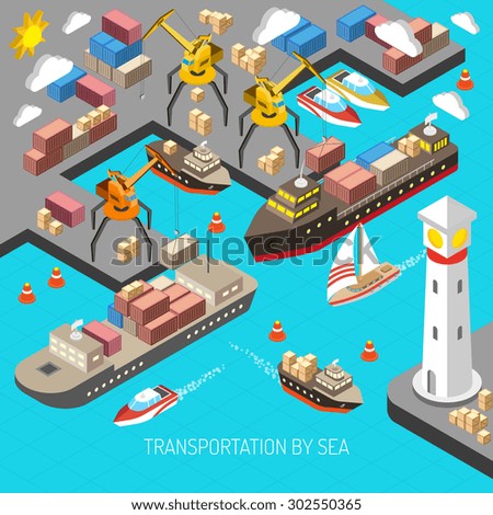 Transportation by sea and logistics concept with container carriers and cargo isometric vector illustration 