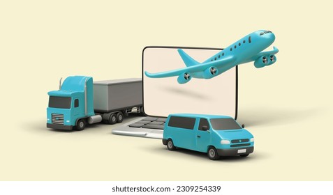 Transportation by various types of vehicles. Delivery of large cargo to another city, country, continent. Online ordering of parcel carry. Volumetric banner for advertising transit services