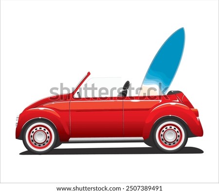 Transportation Car Beetle Bug Red with Surfboard
