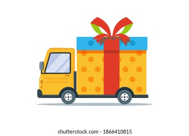 A transportation car with a big present. Isolated vector Illustration
