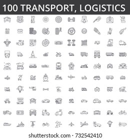 Transportation, car, logistics, vehicle, public transport, bus, tram, ship, shipping, auto service, truck line icons, signs. Illustration vector concept. Editable strokes