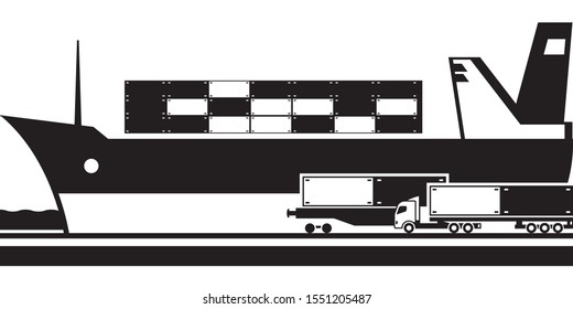 Transportation of cargo container by land and by water - vector illustration
