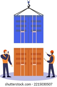 Transportation of cargo with containers inside the warehouse. male workers with cargo container vector 
illustration, Container in export and import business and logistics.