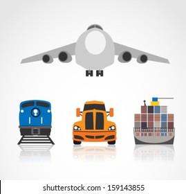 Transportation  cargo icons (Airplane,Train,Ship,Track.) Front view