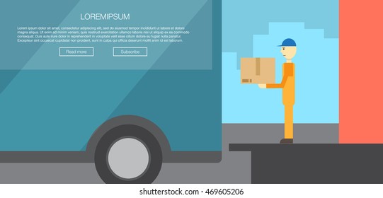 transportation of cargo logistics center. Goods delivery.  Warehouse with loading truck and working forklift. Modern flat style vector illustration