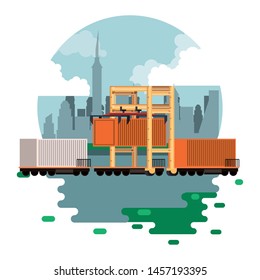 transportation cargo merchandise logistic train waiting to start delivery travel with containers cartoon vector illustration graphic design