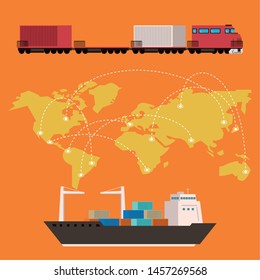 Mercancía de carga de transporte Tren logístico con barco que hace entrega internacional en todo el mundo Diseño gráfico de Ilustración vectorial de dibujos animados