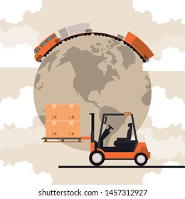 transportation cargo merchandise logistic train with forklift making travel around world with merchancy boxes cartoon. vector illustration.